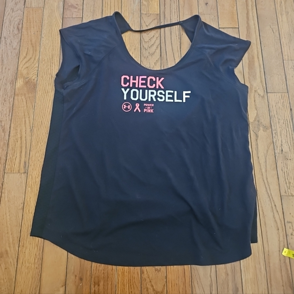 Under Armour Black/Pink Check Yourself ShirtHeat-gear SZ XL Breast CANCER